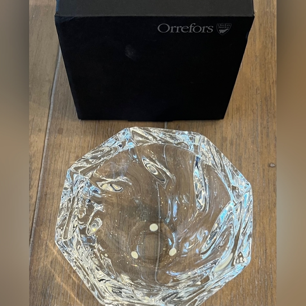 Vintage Orrefors Olle Iberius Design Crystal Swirl Octagon Bowl Signed  NIB - Picture 2 of 12